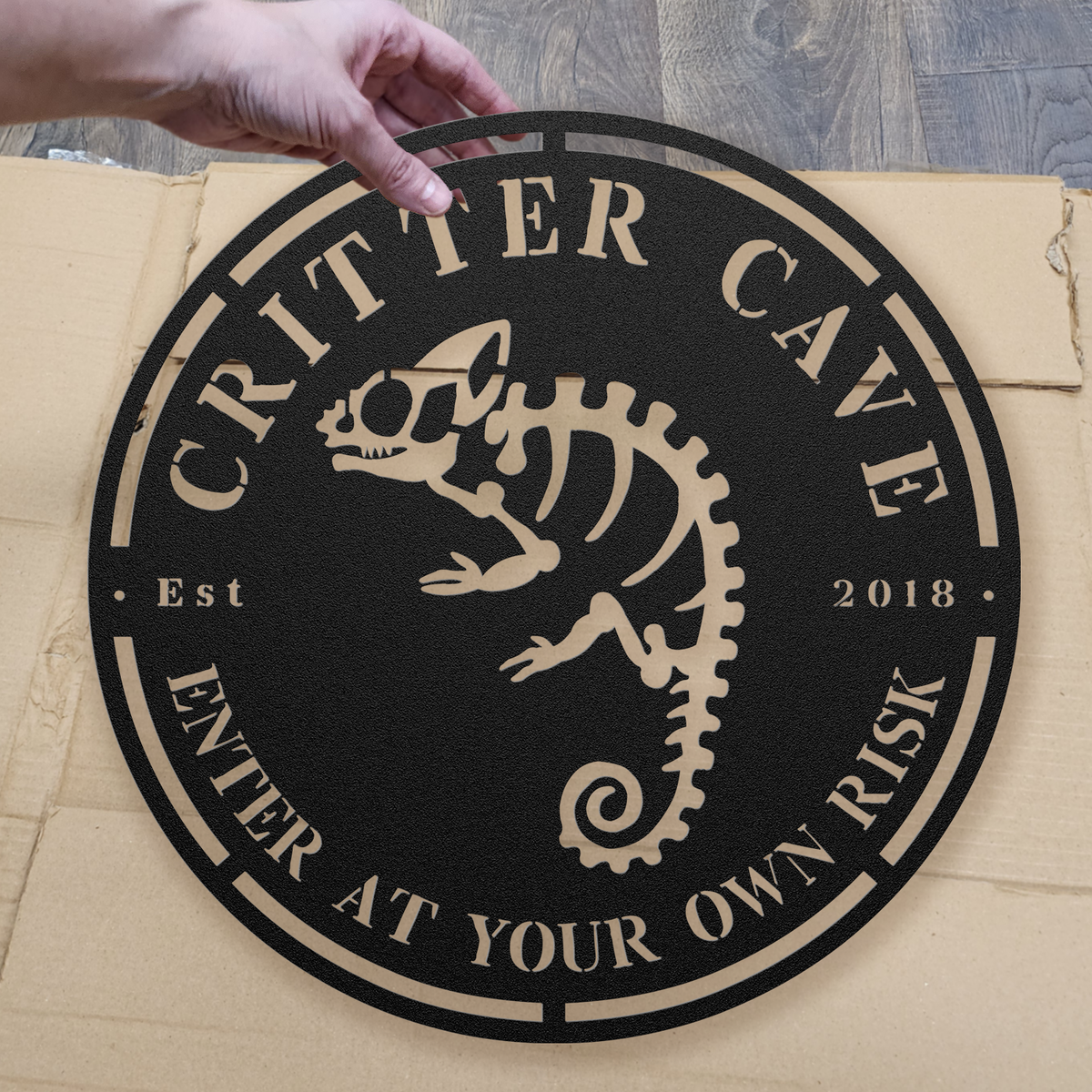 Skeleton Chameleon Critter Cave Sign - Personalized Date